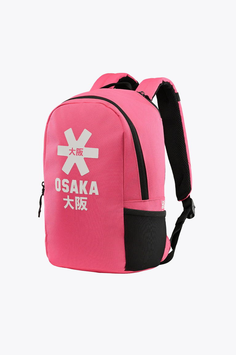 Kids hot pink sports backpack with Osaka graphic and black bottom panel, side straps