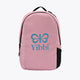 Kids sports backpack, pastel pink front with black straps and Yibbi logo