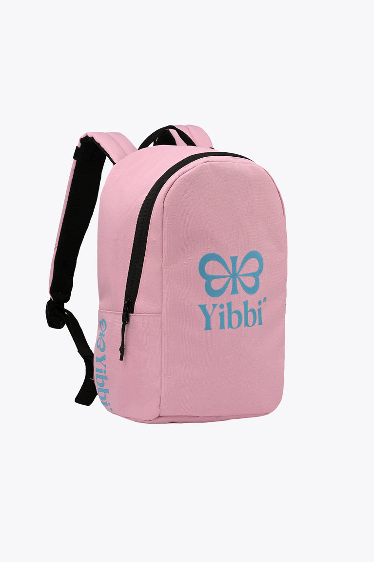 Kids sports backpack, pastel pink body with top handle and black shoulder straps