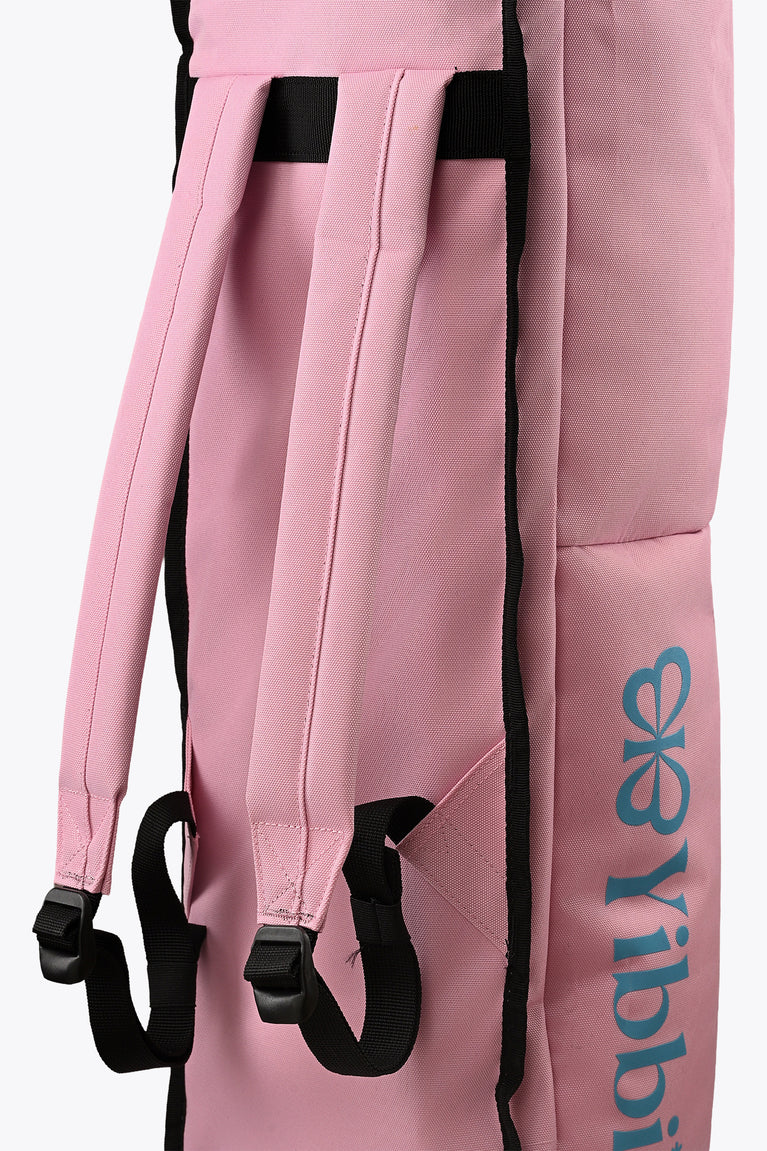 Pastel pink sports stickbag close-up of padded shoulder straps and black trim