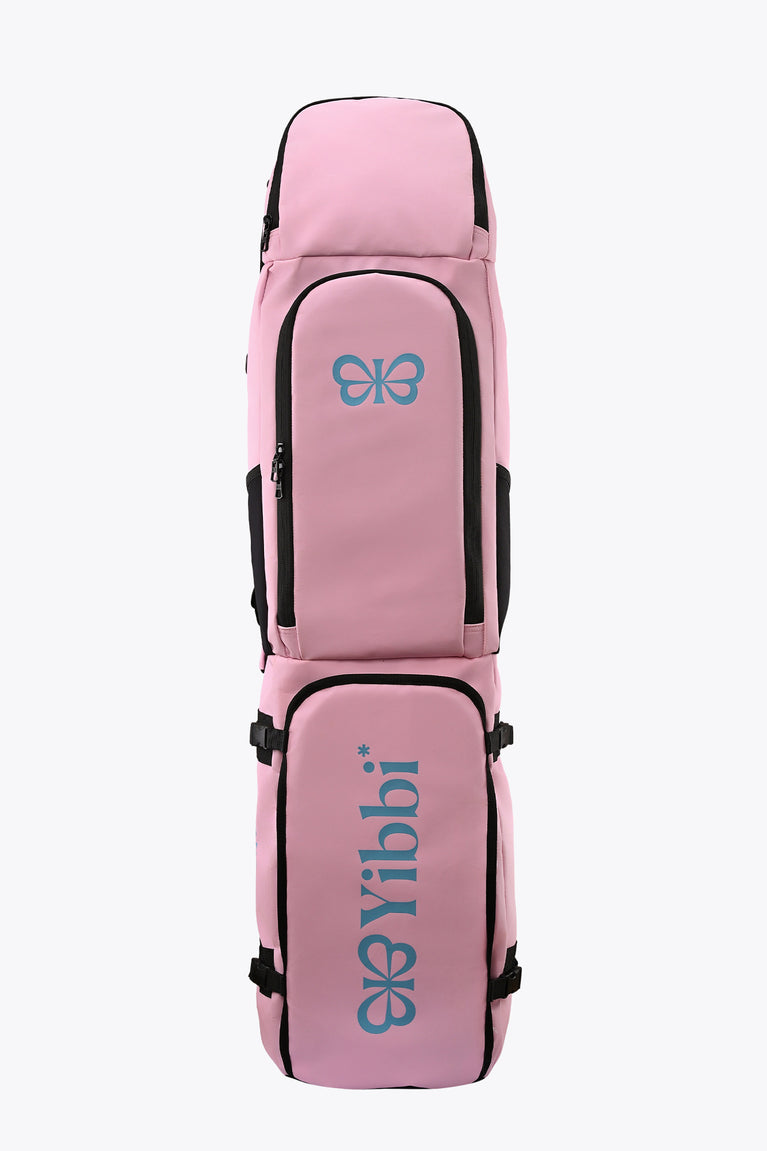 Large pastel pink hockey stick bag with black trim and two stick sleeves