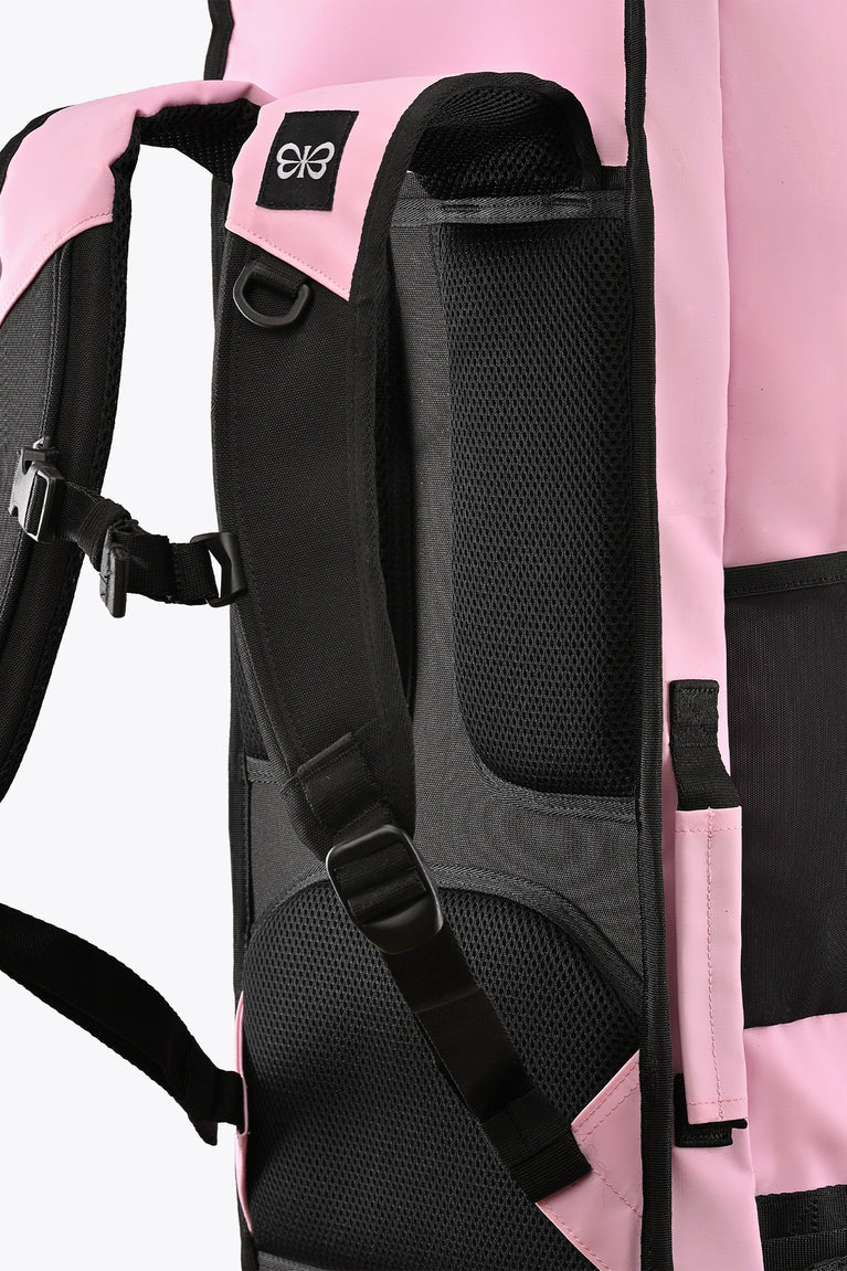 Black-and-pink hockey stick bag back panel with ventilation mesh and straps