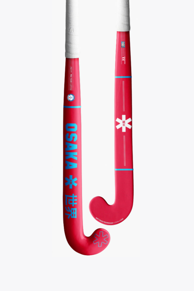 Red hockey stick with blue Japanese text, white snowflake accents and curved blade