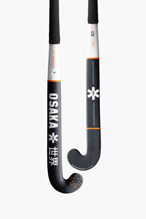 Osaka Custom Pro - Osaka x Pingouin Hockey Stick Hockey stick head with black curve, white upper shaft, orange ring and star marks