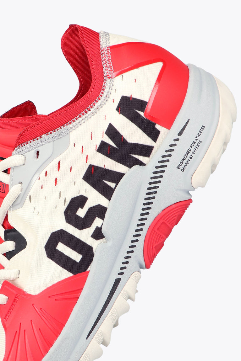Osaka footwear Ido Mk1 in white and red with logo in black. Detail logo view