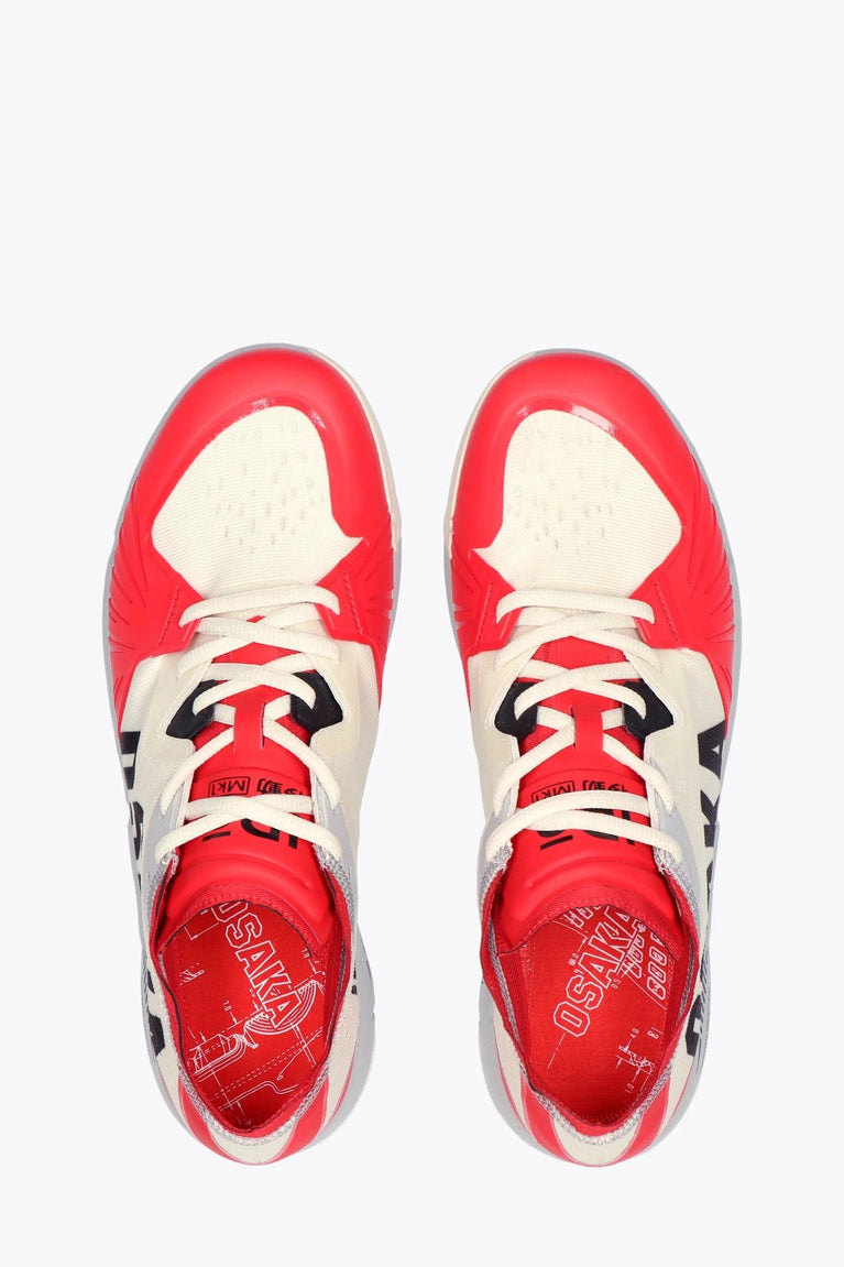 Osaka footwear Ido Mk1 in white and red with logo in black. From above view