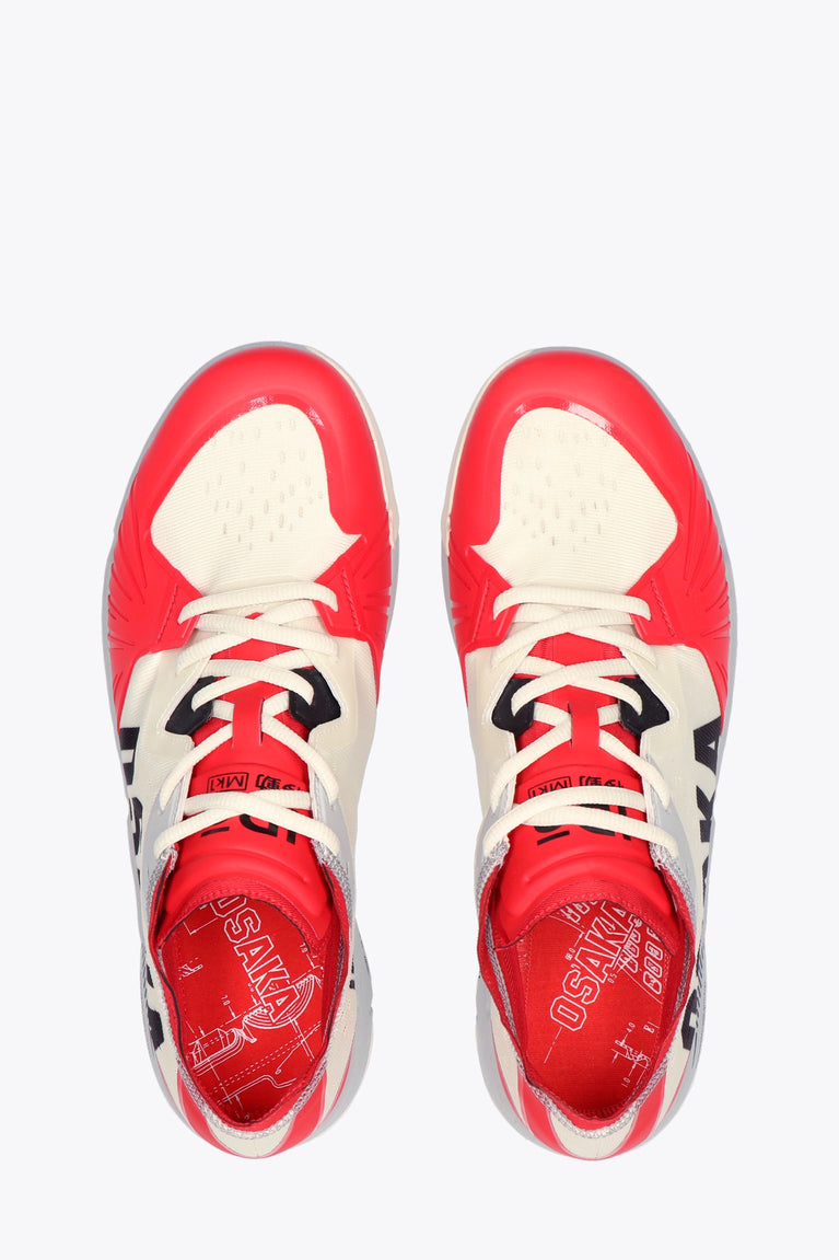 Osaka footwear Ido Mk1 in white and red with logo in black. From above view