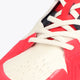 Osaka footwear Ido Mk1 in white and red with logo in black. Detail shoelace view