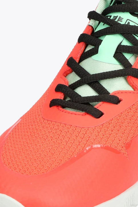 Osaka KAI Mk1 Footwear | Oxy Fire-Cream Jade Osaka footwear Kai Mk1 in oxy fire and cream jade with logo in green. Side view