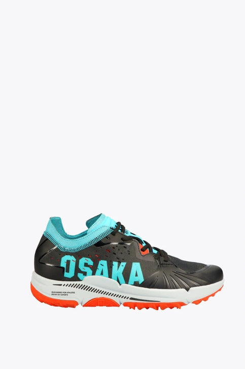 Osaka IDO Mk1 Standard | Black-Aqua Blue Osaka footwear Ido Mk1 in black and aqua blue with logo in aqua blue. Side view