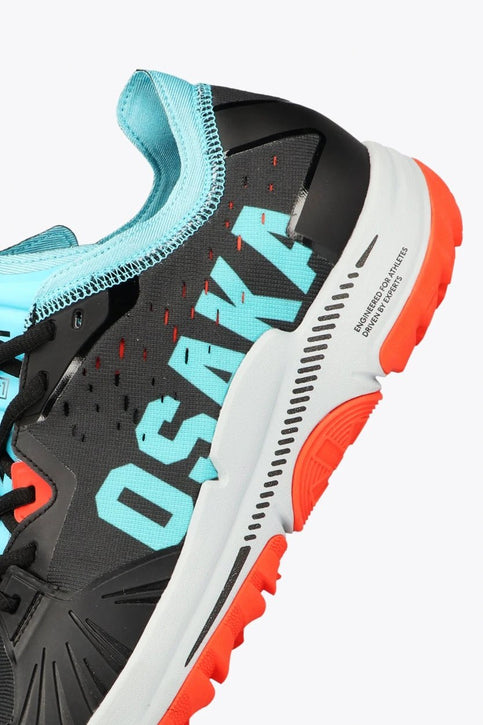 Osaka IDO Mk1 Standard | Black-Aqua Blue Osaka footwear Ido Mk1 in black and aqua blue with logo in aqua blue. Side view