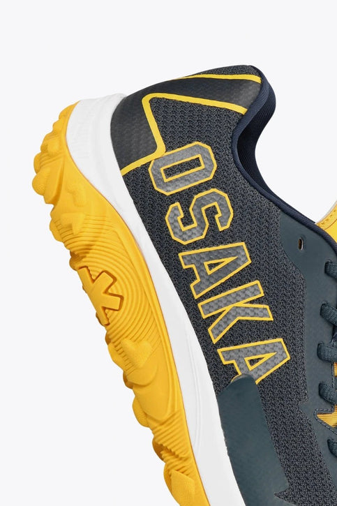 Osaka Footwear KAI Mk1 | French Navy-Honey Comb Osaka footwear Kai Mk1 in french navy and honey comb with logo. Side view