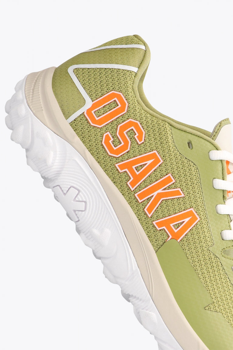 Osaka footwear Kai Mk1 in olive with logo in orange. Detail logo view