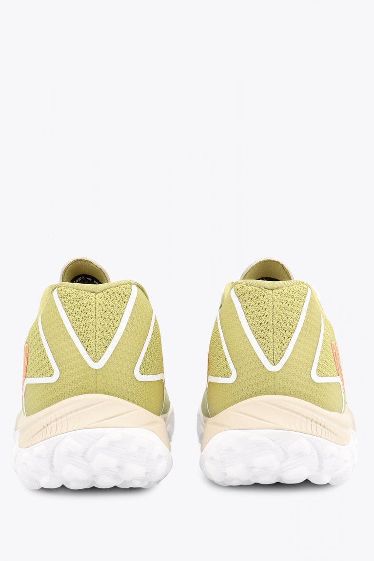 Osaka footwear Kai Mk1 in olive with logo in orange. Back view