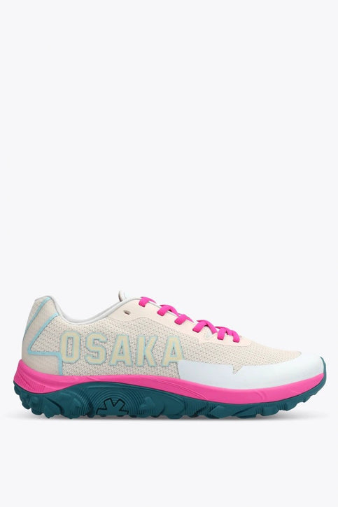 Osaka Footwear KAI Mk1 | Light Grey-Sky Blue Osaka footwear Kai Mk1 in light grey and sky blue, and pink with logo. Side view