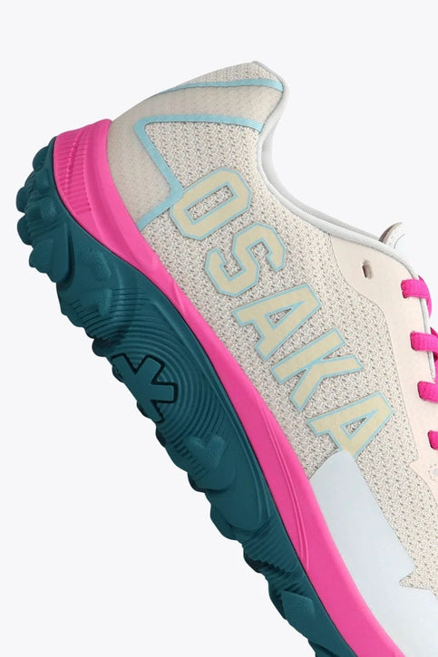 Osaka Footwear KAI Mk1 | Light Grey-Sky Blue Osaka footwear Kai Mk1 in light grey and sky blue, and pink with logo. Side view