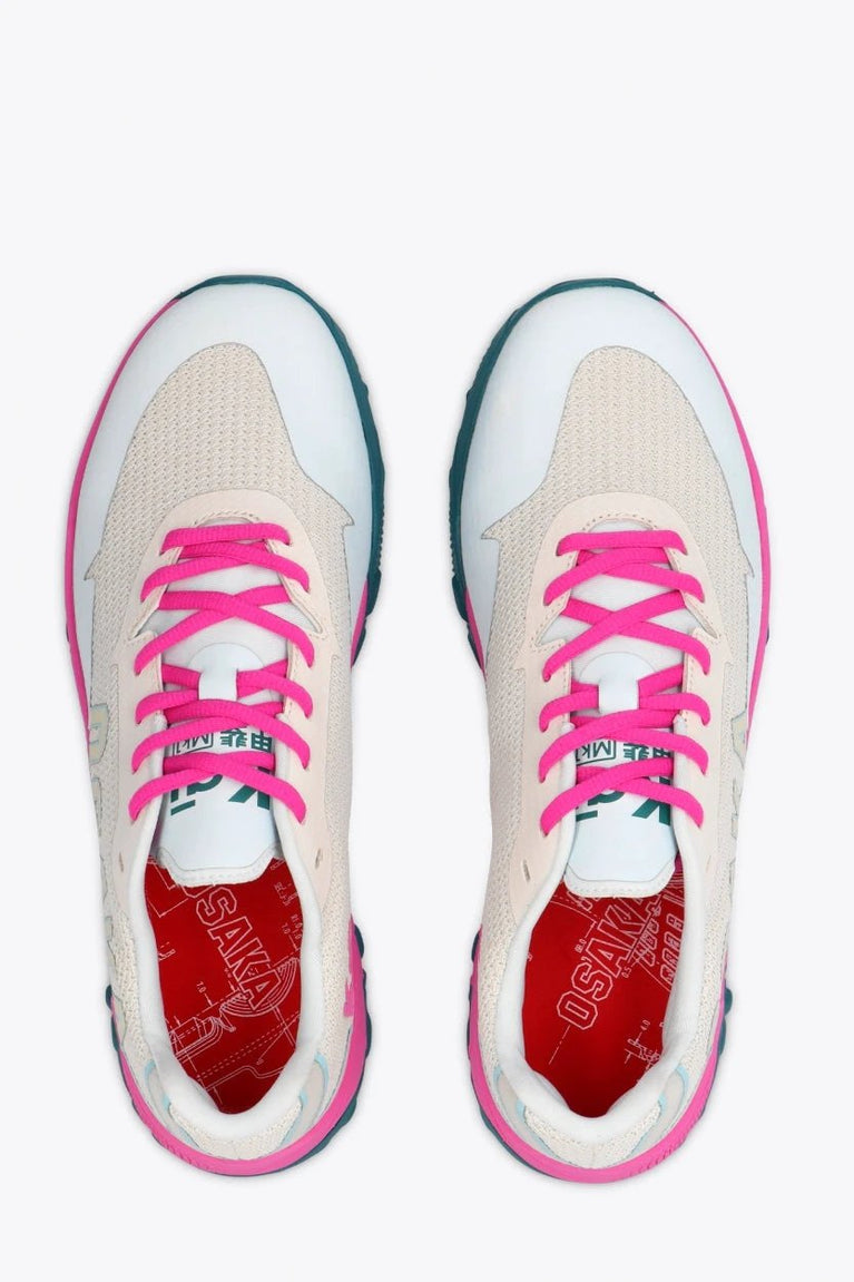 Osaka footwear Kai Mk1 in light grey, sky blue and pink with logo. From above view