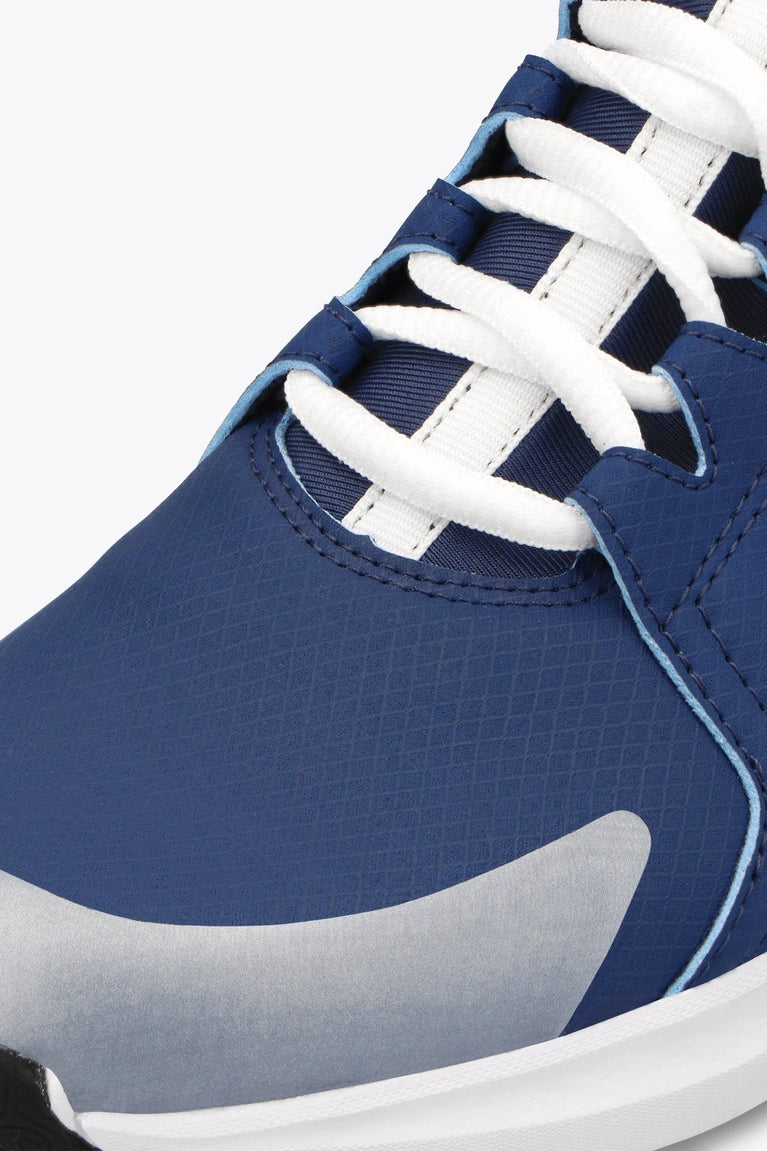 Osaka kids footwear in estate blue with logo in white. Detail shoelace view