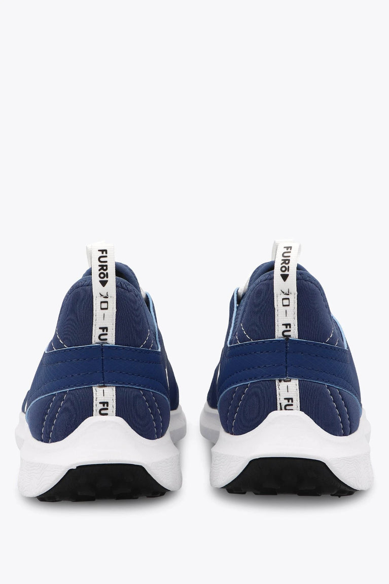Osaka kids footwear in estate blue with logo in white. Back view