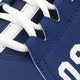 Osaka kids footwear in estate blue with logo in white. Detail shoelace view