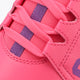 Close-up: hot pink kids Furo Play sneaker laces with purple webbing accents.