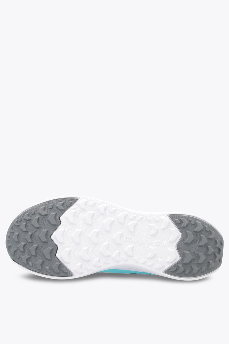 Kids sneaker outsole view with textured gray-and-white tread, dark heel panel