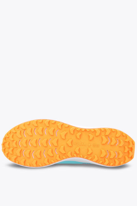 Osaka Footwear Furo | Blue Topaz Light blue athletic sneaker with orange lace accents and cushioned white sole