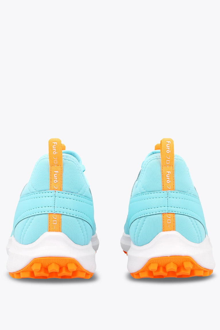 Light blue sneaker with orange heel pull tab and padded collar