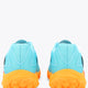 Light blue sneakers with heel tab and orange rubber outsole