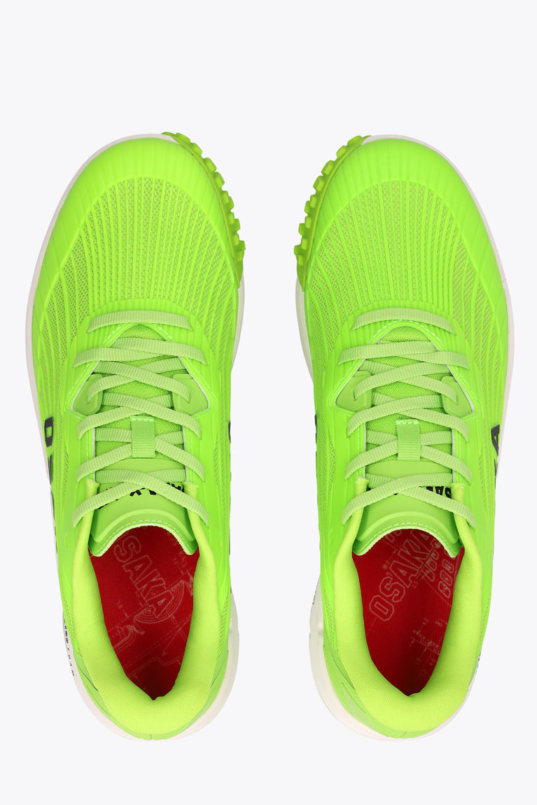 Neon green sneakers, lace-up, with red interior lining