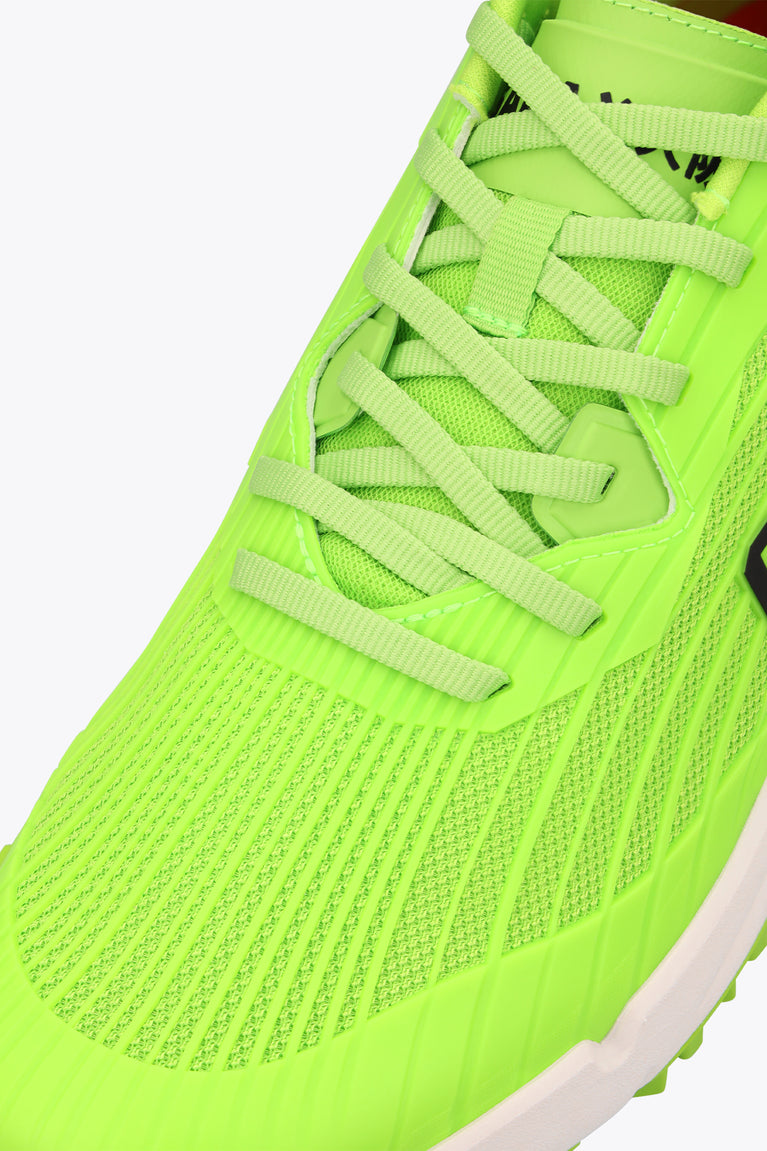 Neon green lace-up shoe upper with textured knit and 'OSAKA' side graphic