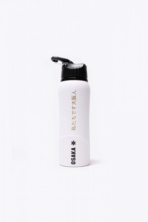 Osaka Kuro Aluminium Waterbottle | White-Black Osaka Kuro aluminium water bottle in white with logo in black. Front view