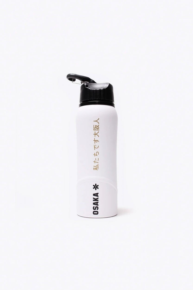 Osaka Kuro aluminium water bottle in white with logo in black. Back view