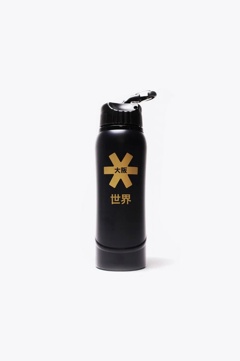 Osaka Kuro Aluminium Waterbottle | Black-Bronze Osaka Kuro aluminium water bottle in black with logo in bronze. Front view