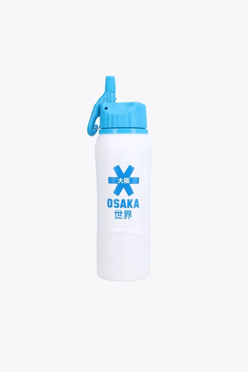 Osaka Kuro Waterbottle | White White water bottle with blue flip cap and carry loop, printed logo on front