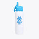 White water bottle with blue flip cap and carry loop, printed logo on front