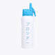 White water bottle with blue flip cap, side Japanese text and blue latch