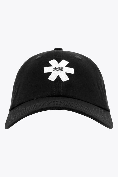 Osaka Baseball Cap Twill | Black Osaka baseball cap in black with logo in white. Side view