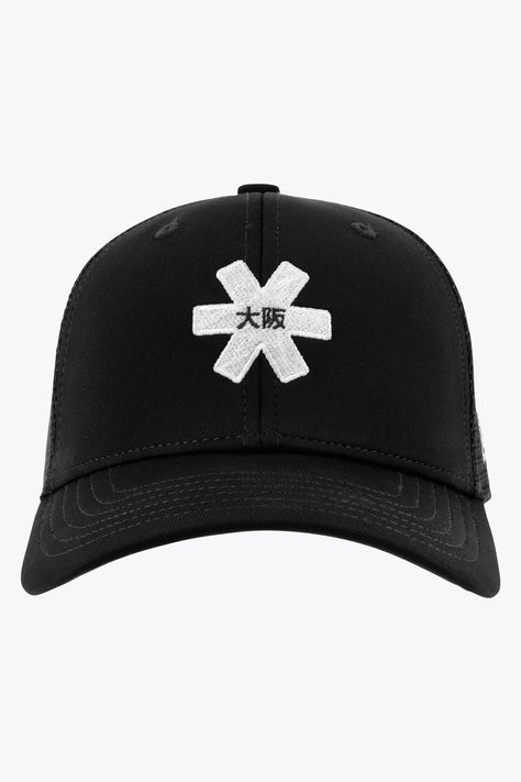 Osaka Trucker Cap | Black Osaka trucker cap in black with logo in white. Side view