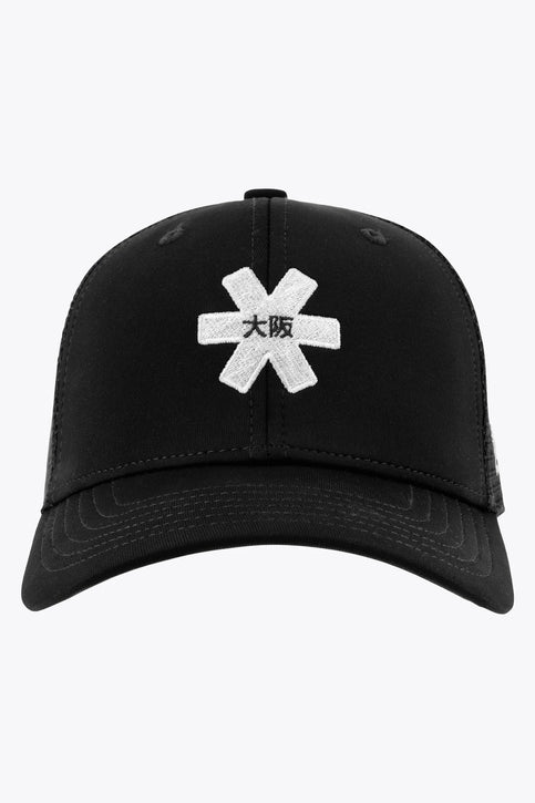 Osaka Trucker Cap | Black Osaka trucker cap in black with logo in white. Side view