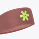 Sports bandana close-up with neon green logo patch on peppercorn brown fabric