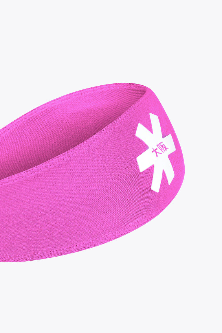 Rose Bud pink sports bandana with white logo patch on end panel