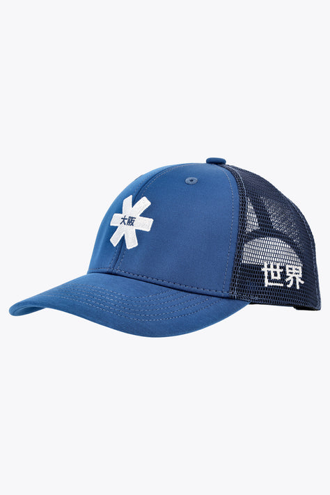 Osaka Trucker Cap | Olympian Blue trucker cap with white graphic front and black mesh side panels