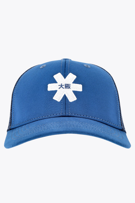 Osaka Trucker Cap | Olympian Blue trucker cap with white graphic front and black mesh side panels