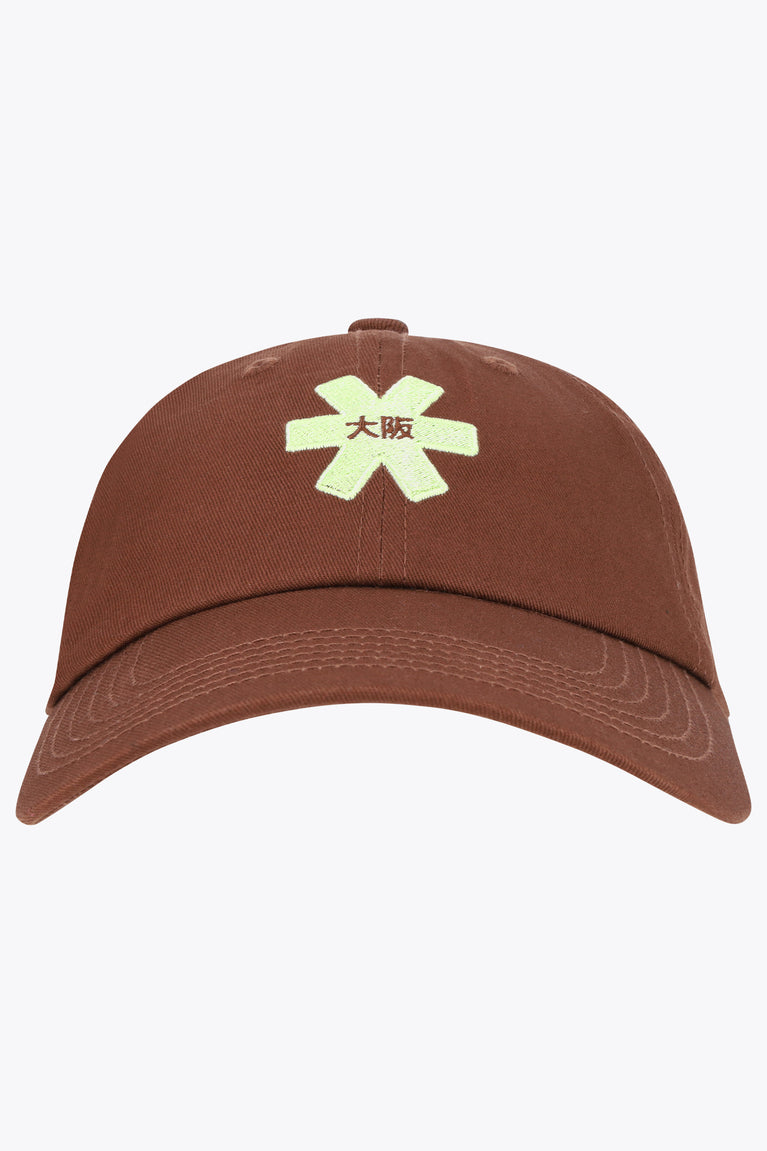 Peppercorn twill baseball cap with green embroidered logo on crown