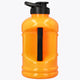 Orange water bottle front view with black flip-top lid and vertical handle slot