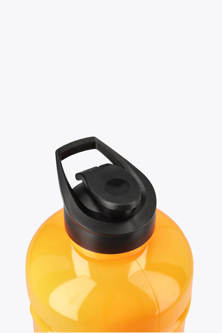 Orange water bottle with black spout and flip-top lid, close-up of cap mechanism