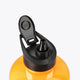 Orange water bottle with black drinking spout and flip-top lid, close-up