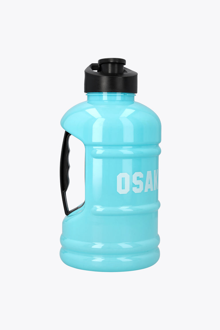 Blue topaz water bottle with black carry handle and flip spout