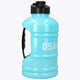 Blue topaz water bottle with black carry handle and flip spout